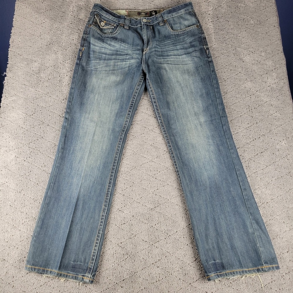 Marc Ecko Jeans Mens 36x32 Blue Bootcut Flap Pocket Whisker Medium Wash Denim